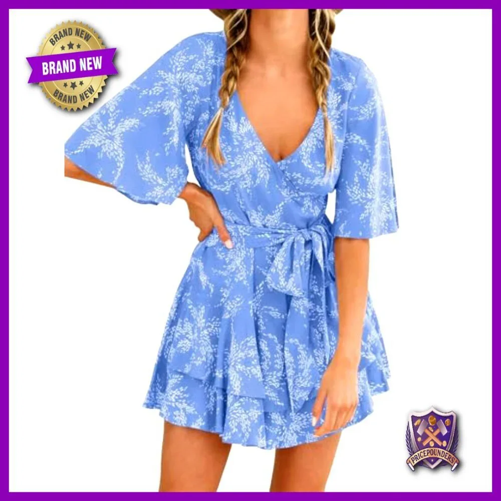 Summer Floral Romper with Ruffle Hem, V-Neck, Adjustable Waist Tie